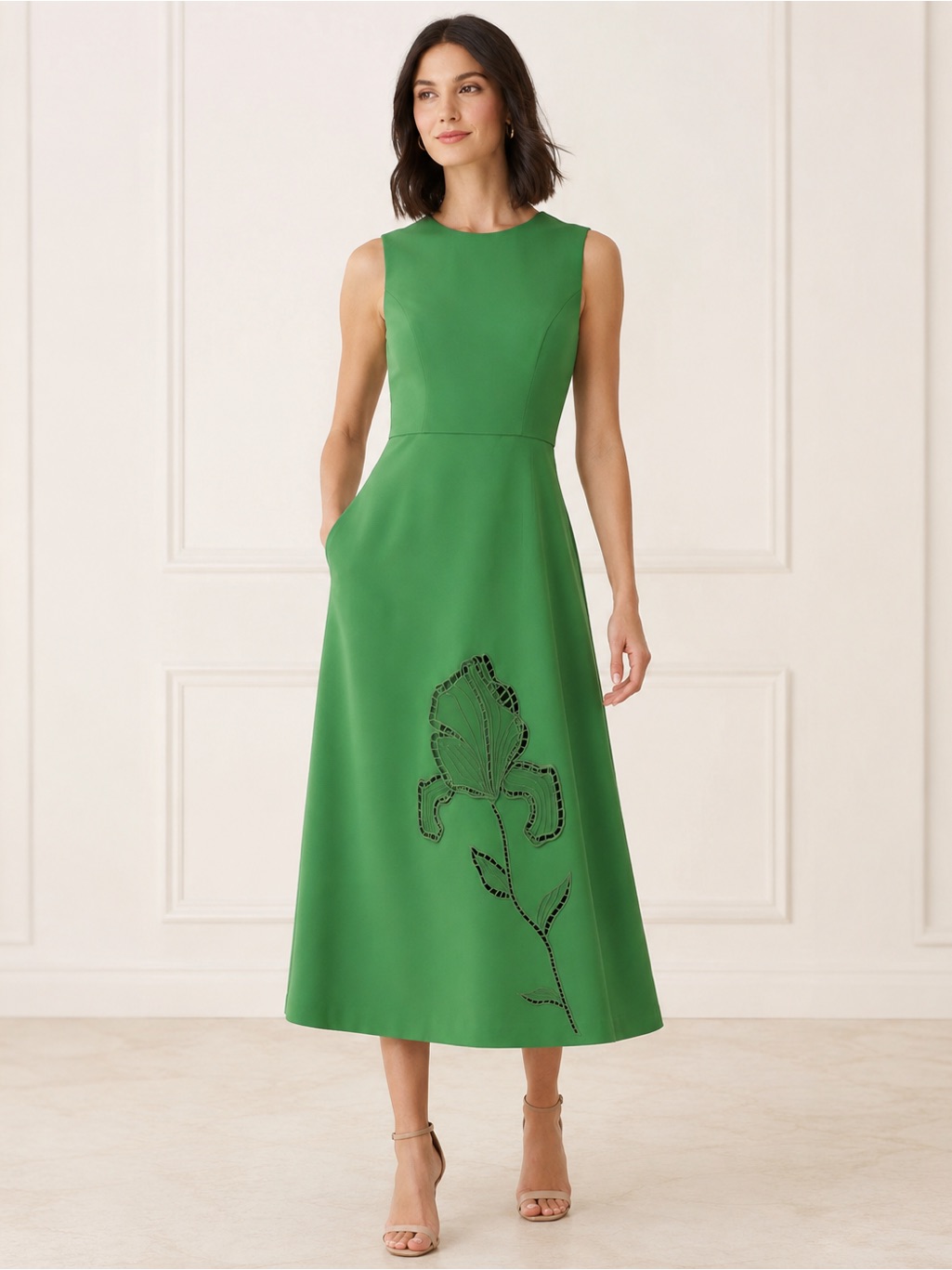 Kay Unger Blossom Green Iris Appliqu Sleeveless Midi Dress Size 10 Nwot Dl2